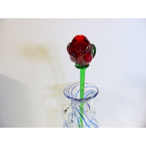Hand Blown Long Stem Red Rose Bud Glass Flower - Picture 9 of 14